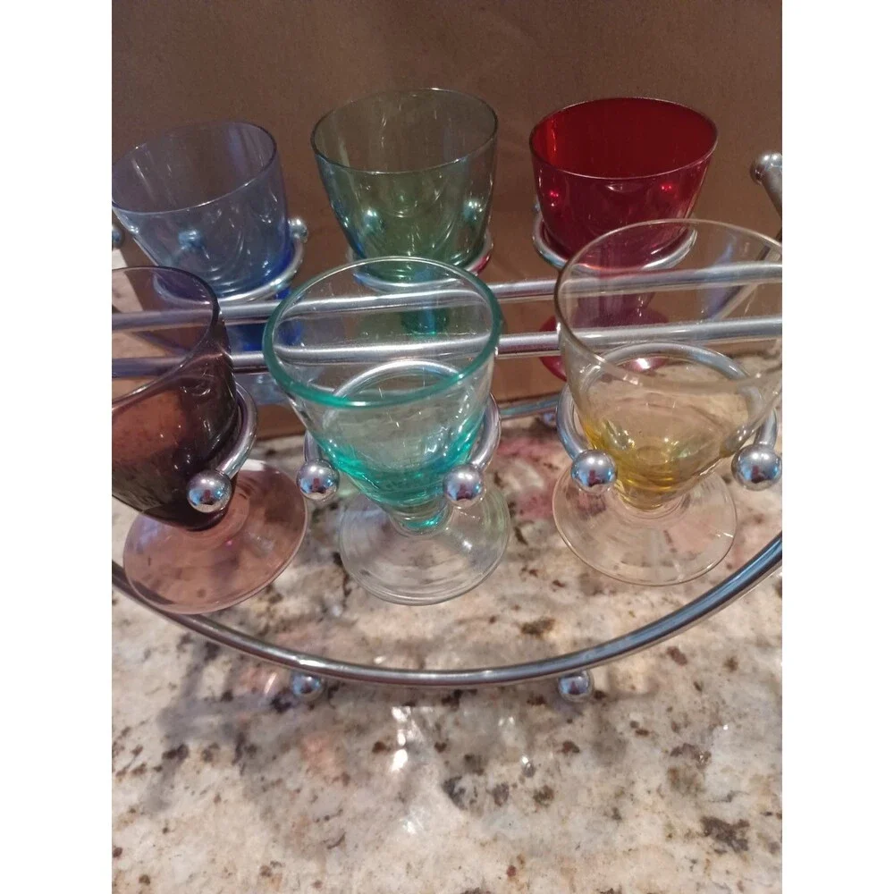 Vtg Mid-Century 6 Pc Colored Glass Cordial Glasses On A Modern Metal Stand